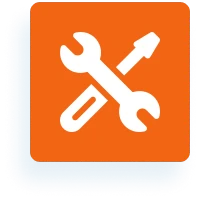 Orange square with wrench and screwdriver